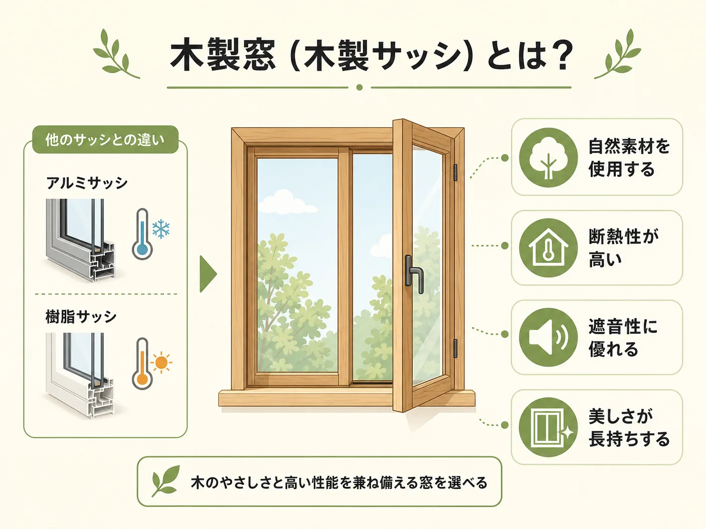 工務店の木製窓(木製サッシ)とは?アルミ・樹脂サッシとの違いを表す図解イラスト