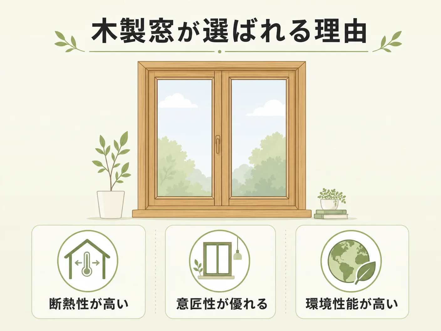 工務店の木製窓が選ばれる理由:断熱性・意匠性・環境性能を表す図解イラスト