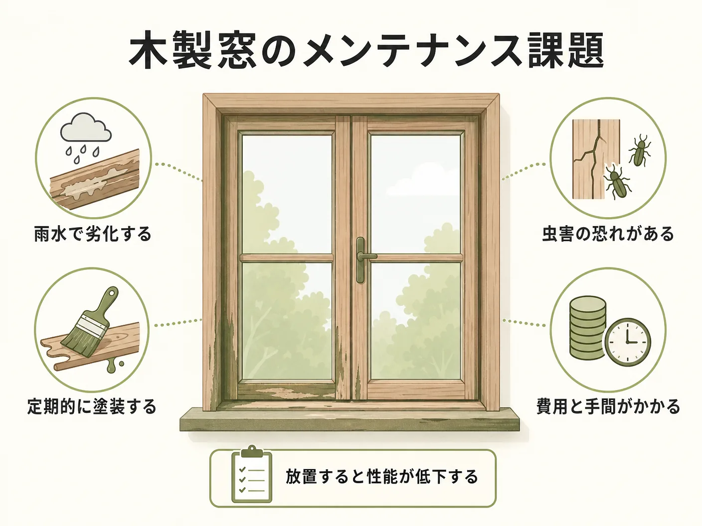 工務店の木製窓のデメリットとメンテナンスの実態を表す図解イラスト