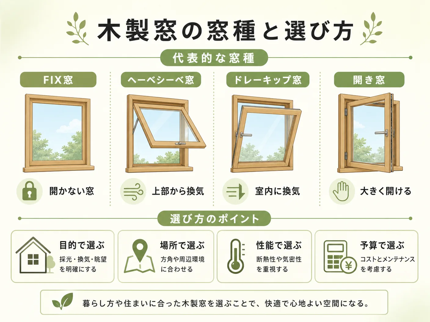 工務店の木製窓の窓種と選び方(FIX・ヘーベシーベ・ドレーキップ等)を表す図解イラスト