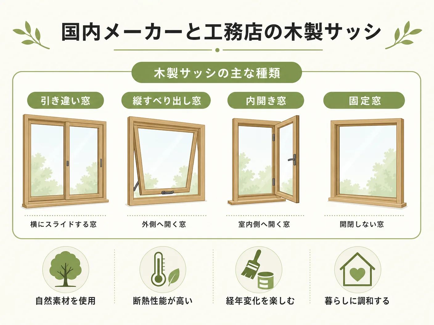 木製窓の国内主要メーカーと工務店が扱う木製サッシの種類を表す図解イラスト