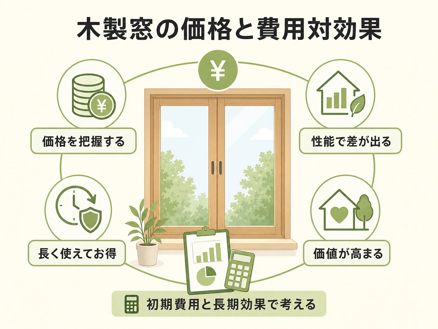 工務店の木製窓の価格と費用対効果の考え方を表す図解イラスト