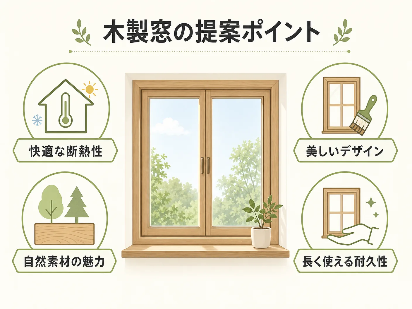 工務店が木製窓を提案するときのポイントを表す図解イラスト