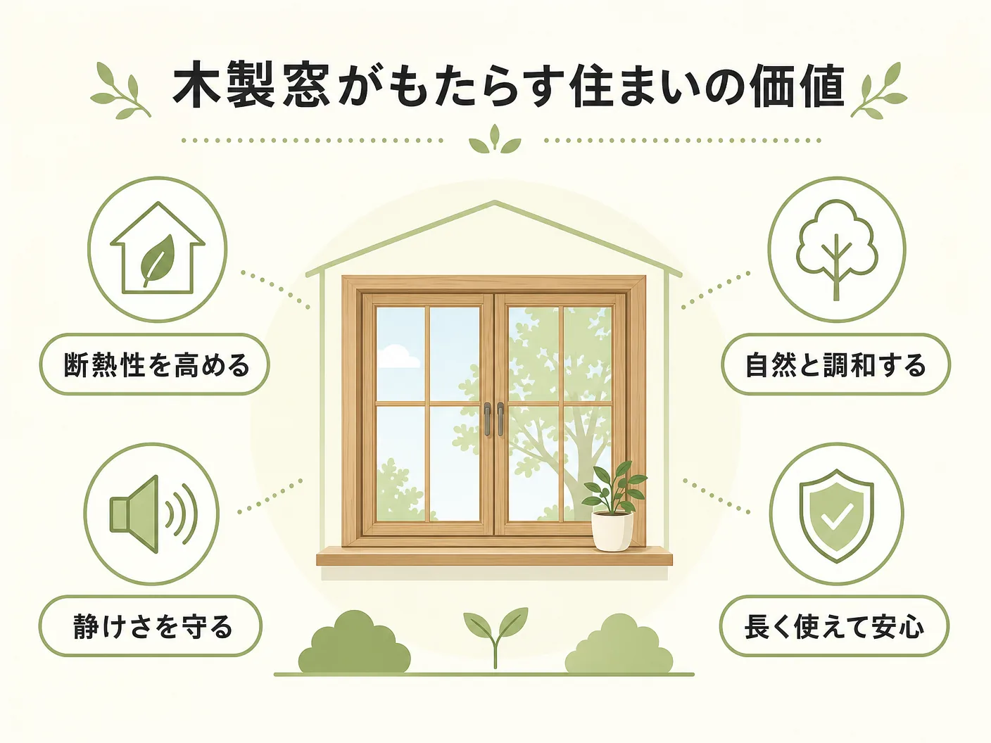 工務店のまとめ:木製窓で実現する住まいの価値を表す図解イラスト