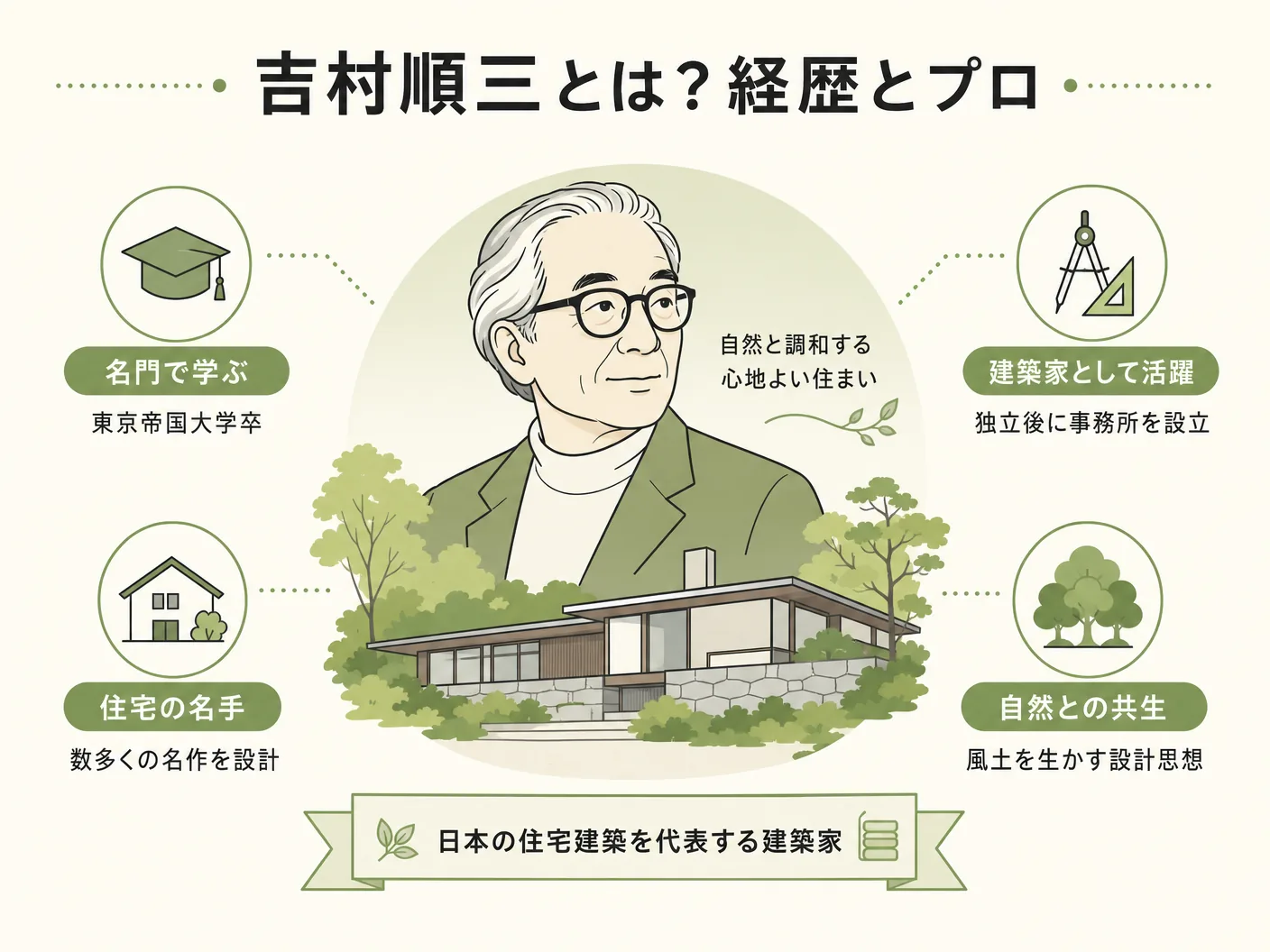 吉村順三とは？経歴とプロフィールを表す図解イラスト