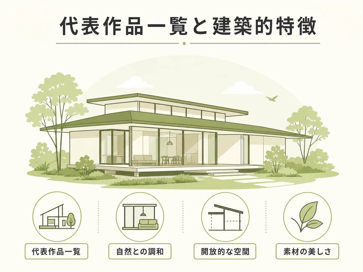吉村順三の代表作品一覧と建築的特徴を表す図解イラスト