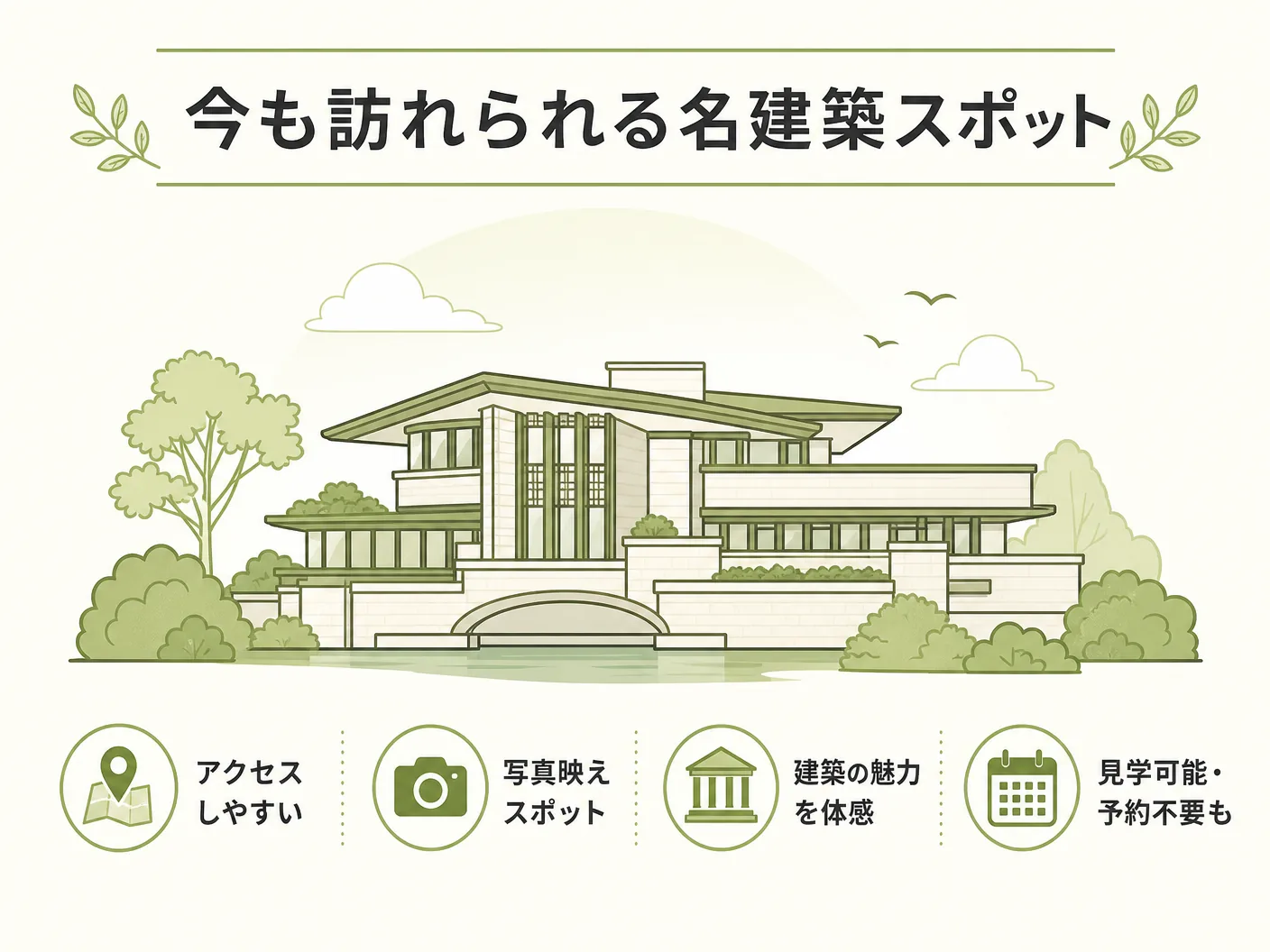 吉村順三の今も訪れられる名建築スポットを表す図解イラスト