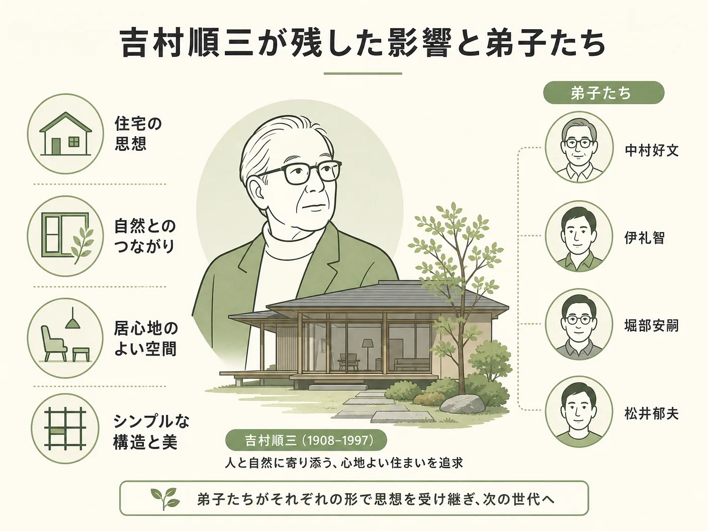 吉村順三が残した影響と弟子たちを表す図解イラスト