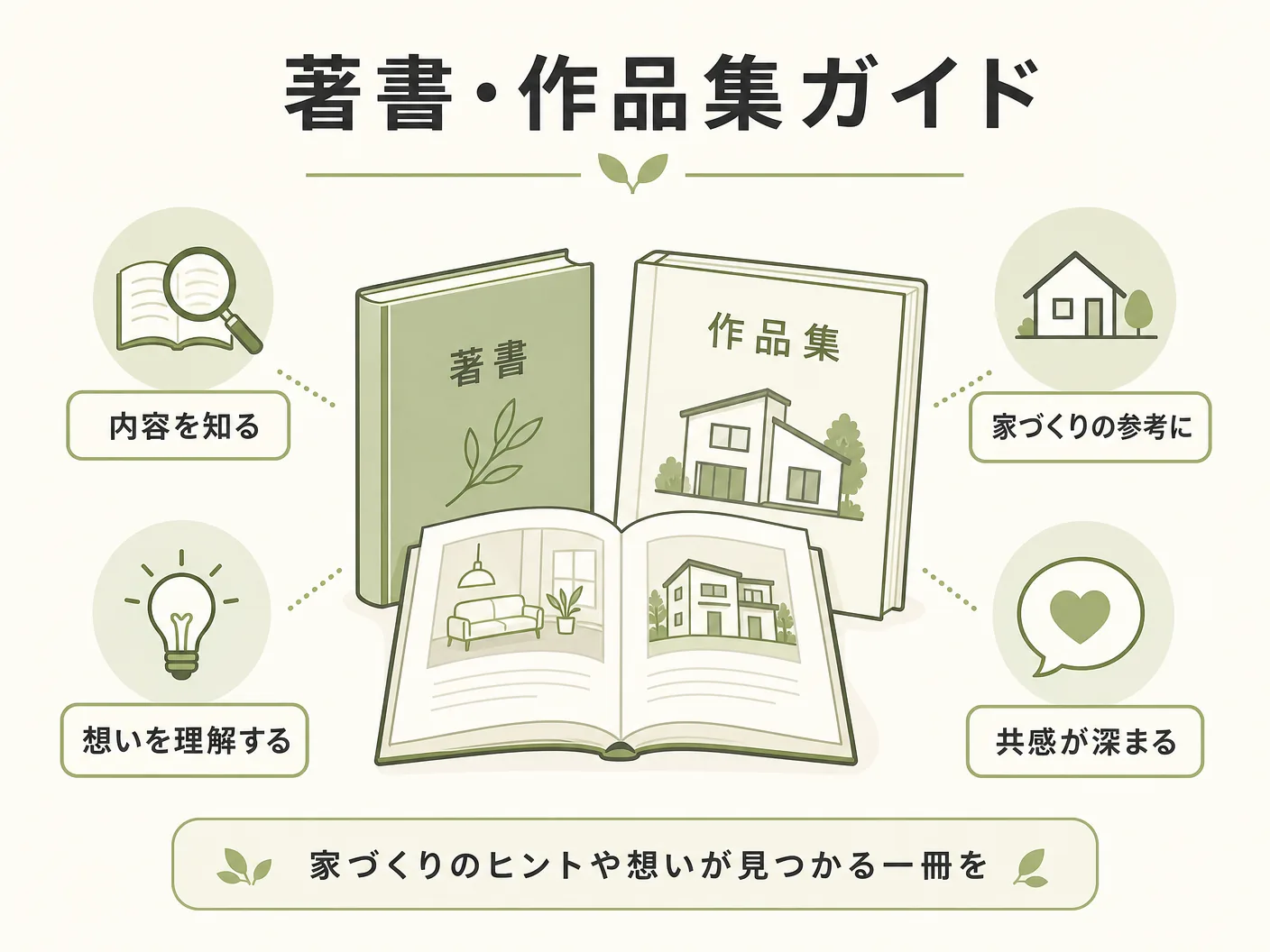 吉村順三の著書・作品集ガイドを表す図解イラスト