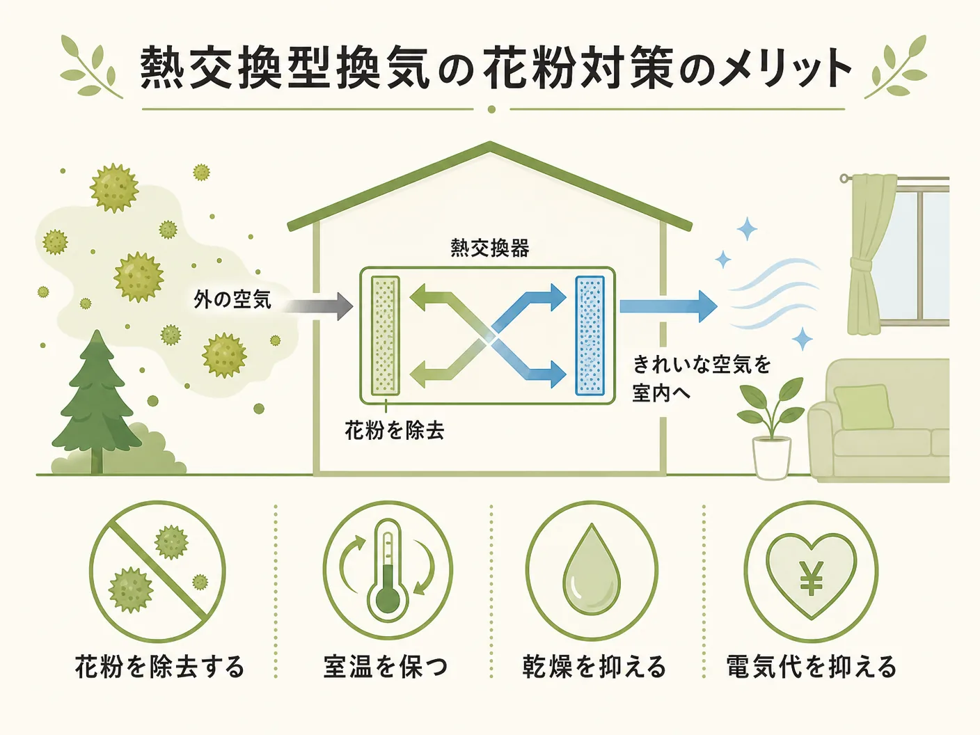 第一種換気 花粉フィルターの第1種換気(熱交換型)が花粉対策に有利な理由を表す図解イラスト