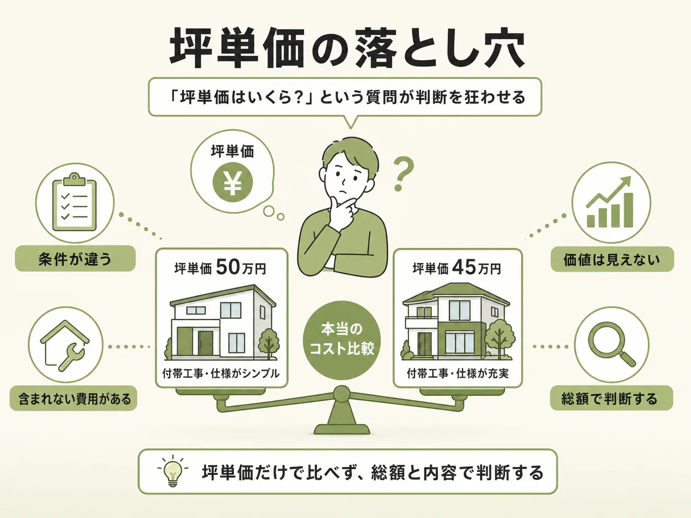 注文住宅 落とし穴の「坪単価はいくら?」という質問が判断を狂わせるを表す図解イラスト