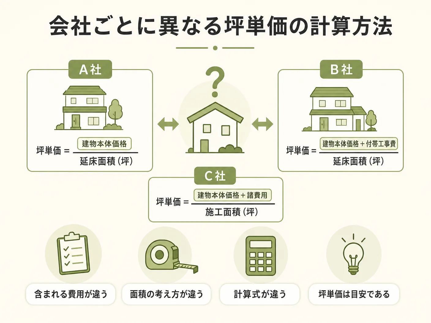 注文住宅 落とし穴の坪単価の計算方法は会社ごとに違うを表す図解イラスト