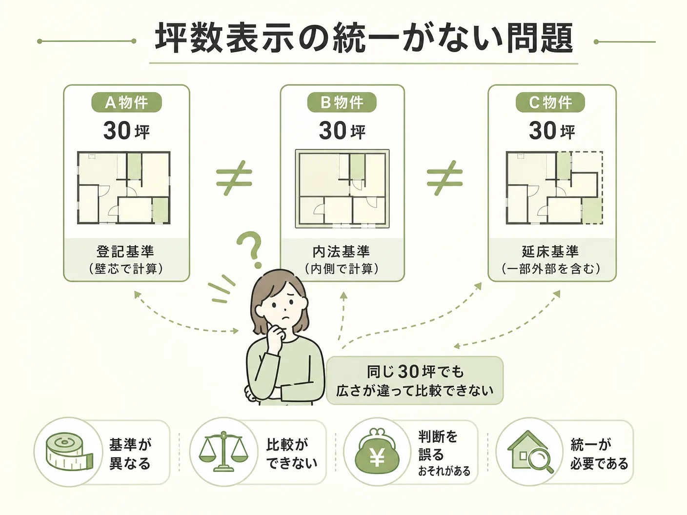 注文住宅 坪単価 落とし穴の坪数の数え方が統一されていないから比較できないを表す図解イラスト