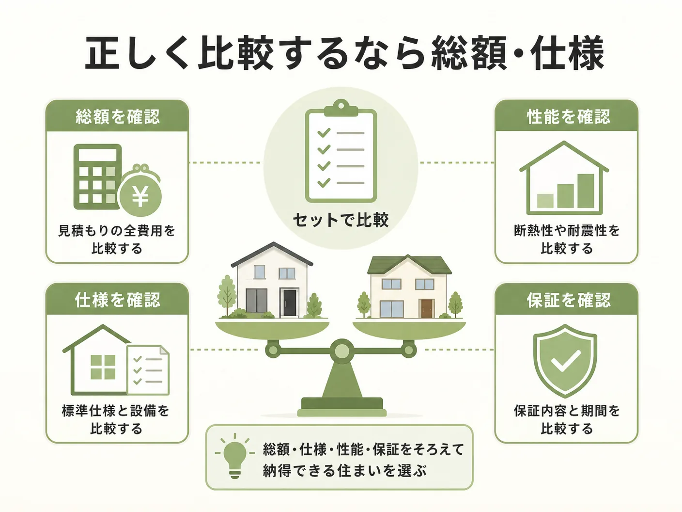 注文住宅 坪単価 落とし穴の正しく比較するなら総額・仕様・性能・保証をセットで見るを表す図解イラスト