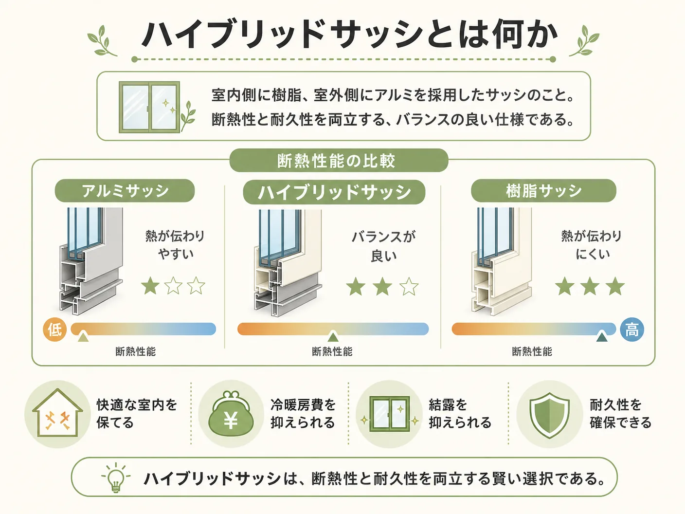 壁内結露のハイブリッドサッシとは何か――アルミ・樹脂・ハイブリッドの断熱性能を比較するを表す図解イラスト