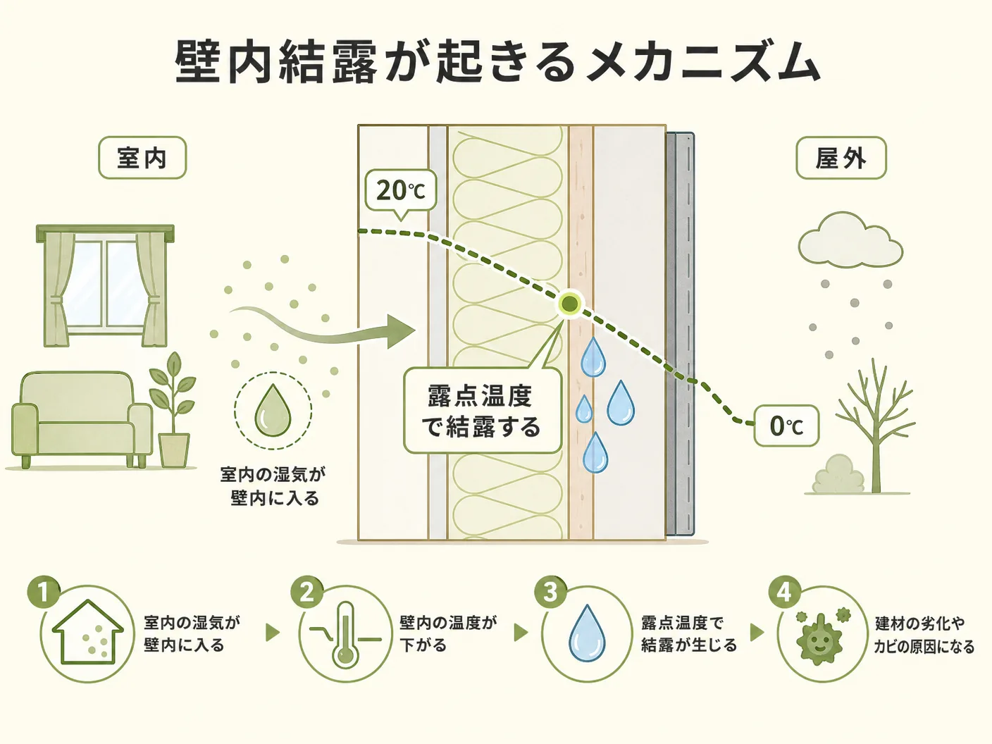 ハイブリッドサッシの壁内結露が起きるメカニズム――室内湿気と露点温度の基本を表す図解イラスト