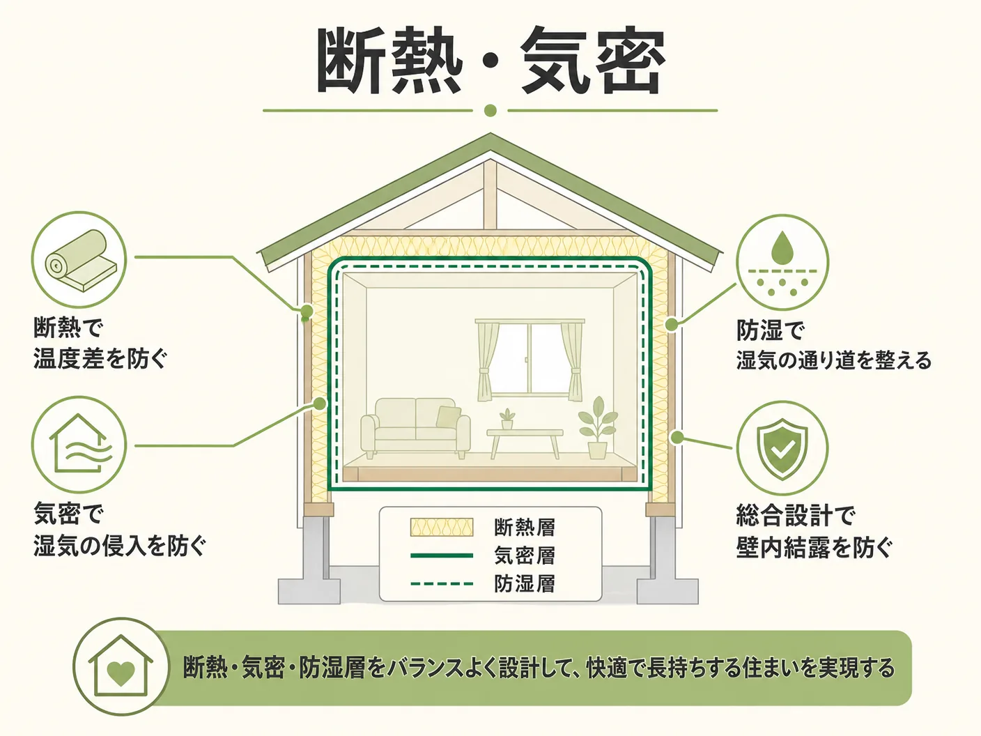 ハイブリッドサッシの断熱・気密・防湿層の総合設計が壁内結露対策の本質を表す図解イラスト