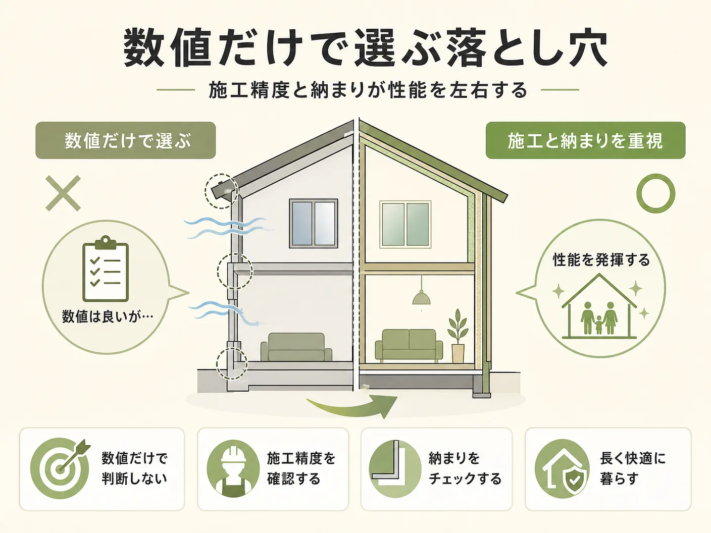 ハイブリッドサッシ 壁内結露の数値だけで選ぶ落とし穴――施工精度と納まりが性能を左右するを表す図解イラスト