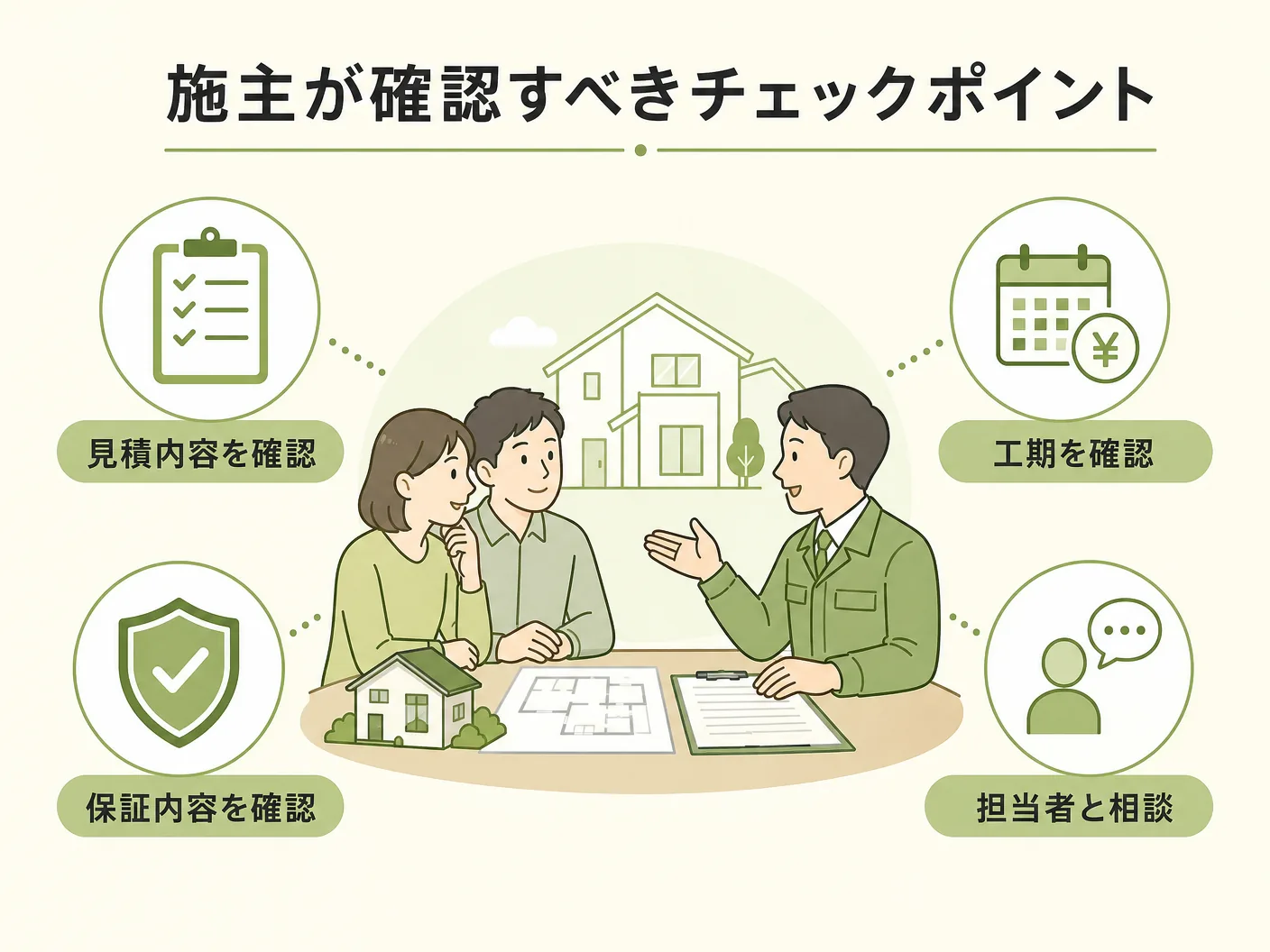 ハイブリッドサッシ 壁内結露の施主が工務店に確認すべき具体的なチェックポイントを表す図解イラスト