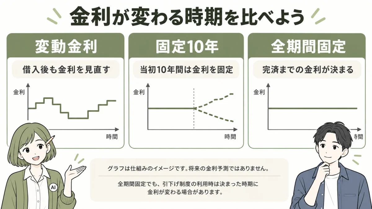 変動金利は借入後も見直し、固定10年は当初10年間を固定、全期間固定は完済までの金利が決まる仕組みを示した図。