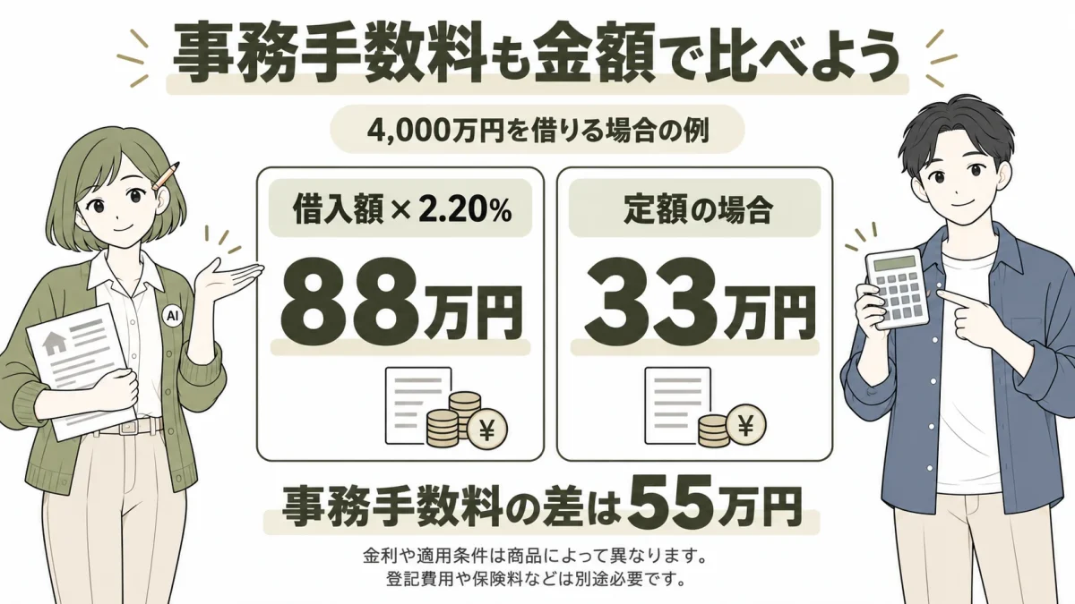 4,000万円の借入れで事務手数料2.20％なら88万円、定額33万円なら差額55万円となる例。