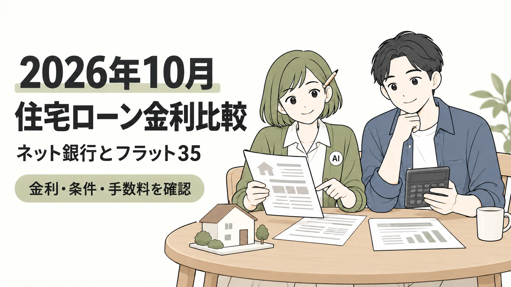 百ちゃんと旦那さんが住宅模型や電卓を前に住宅ローンの資料を確認している。