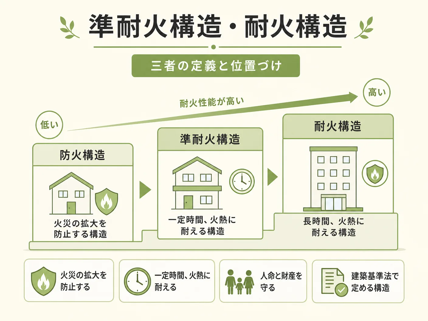 違いの準耐火構造・耐火構造・防火構造の三者の定義と位置づけを表す図解イラスト
