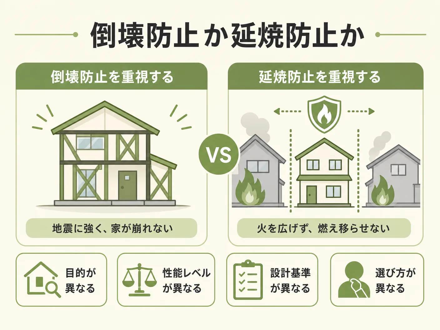 準耐火構造 耐火構造の最大の違いは「倒壊防止か延焼防止か」という性能レベルを表す図解イラスト