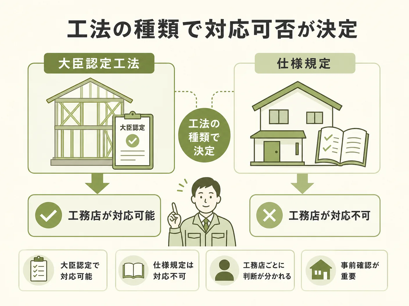 準耐火構造 耐火構造 違いの大臣認定工法か仕様規定かで工務店の対応可否が分かれるを表す図解イラスト