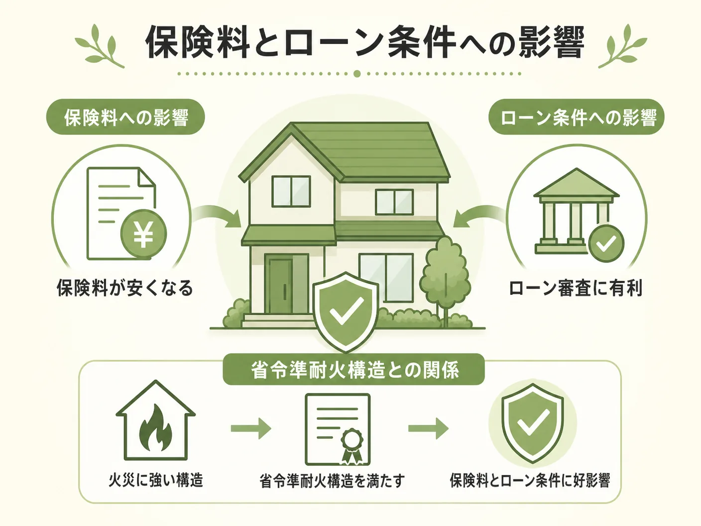 違いの保険料・ローン条件への影響と省令準耐火構造との関係を表す図解イラスト