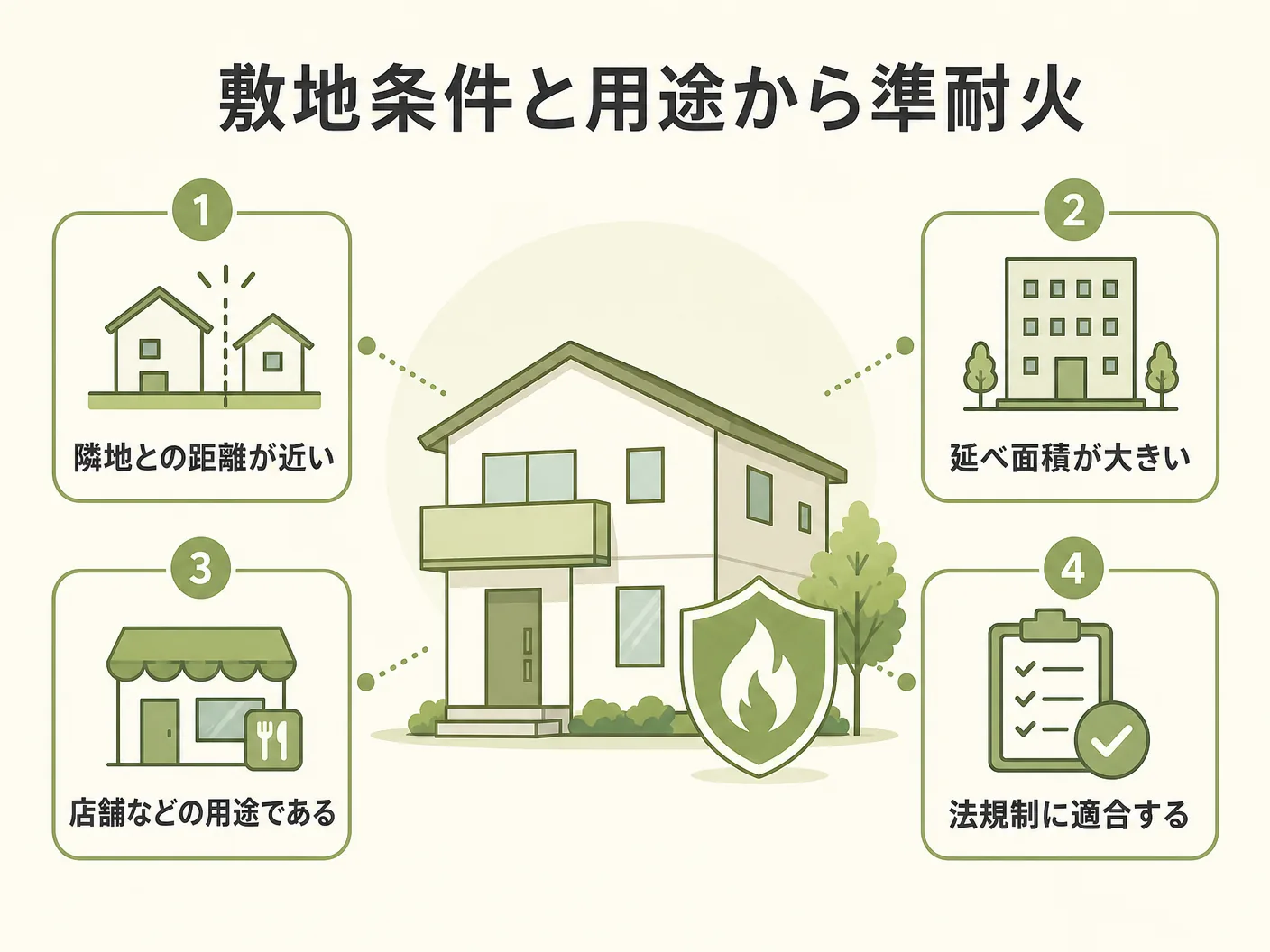 準耐火構造 違いの敷地条件と用途から準耐火・耐火構造を選ぶ判断基準を表す図解イラスト