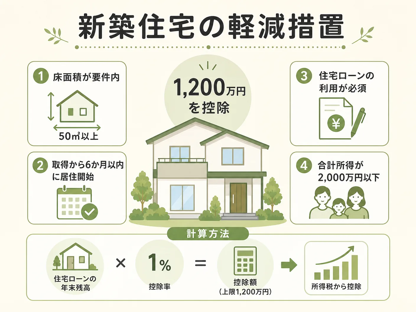 不動産取得税の新築住宅の軽減措置：1,200万円控除の条件と計算方法を表す図解イラスト