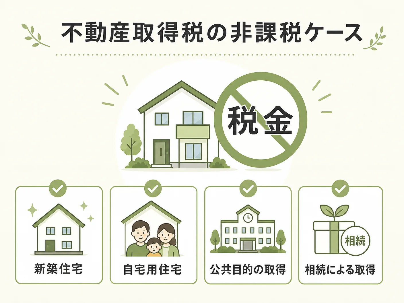 新築 軽減措置 計算の不動産取得税がかからないケースを表す図解イラスト