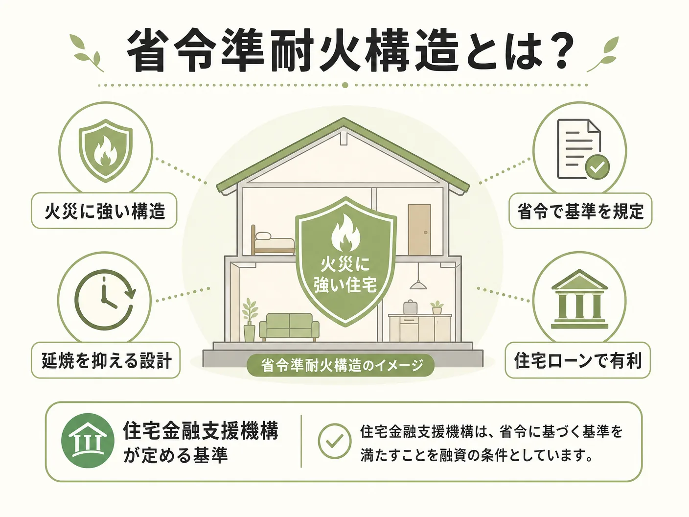 火災保険の省令準耐火構造とは？住宅金融支援機構が定める基準の位置づけを表す図解イラスト