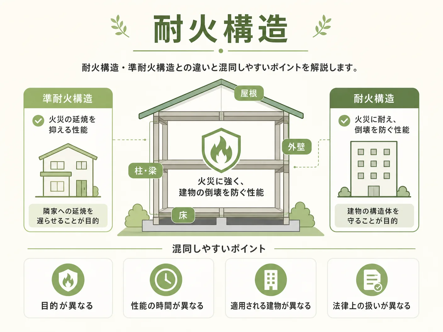 省令準耐火構造 火災保険の耐火構造・準耐火構造との違いと混同しやすいポイントを表す図解イラスト