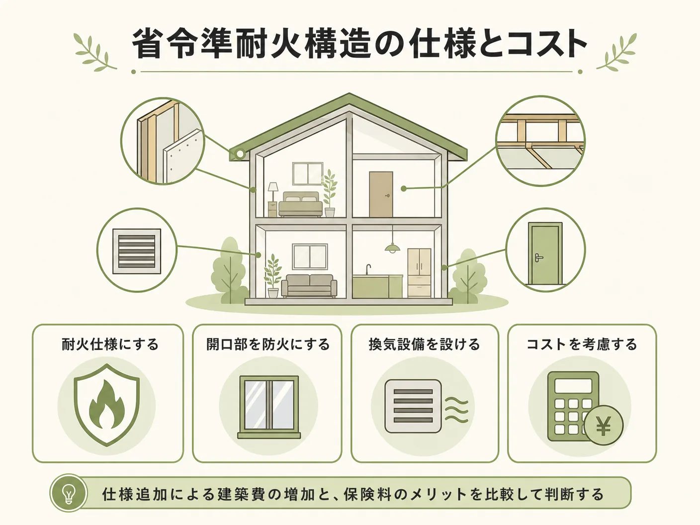 火災保険の省令準耐火構造にするために必要な仕様とコスト面の注意点を表す図解イラスト