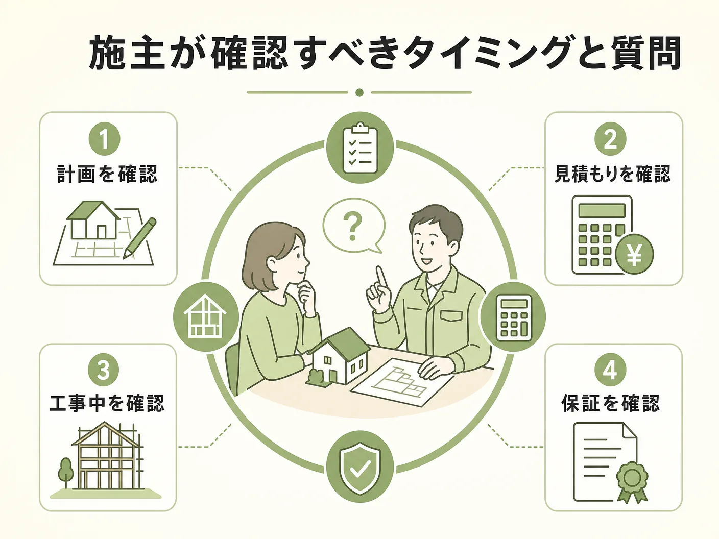 省令準耐火構造 火災保険の施主が工務店に確認すべきタイミングと質問のポイントを表す図解イラスト