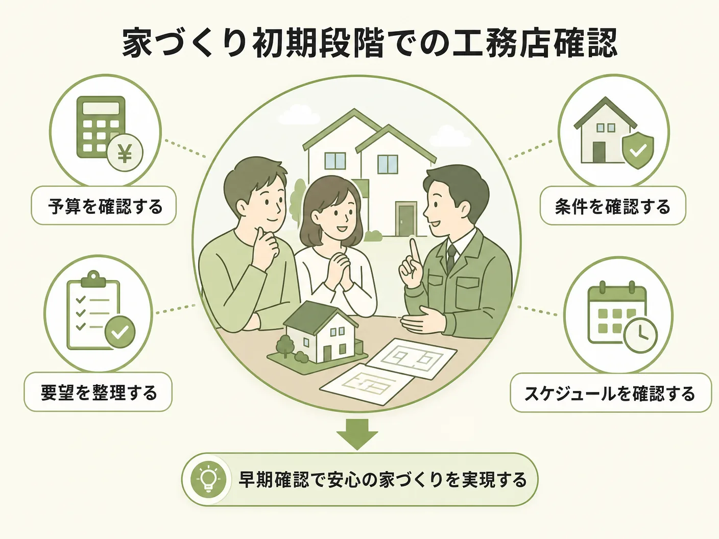 省令準耐火構造 火災保険のまとめ｜家づくりの早い段階で工務店に確認することが重要を表す図解イラスト