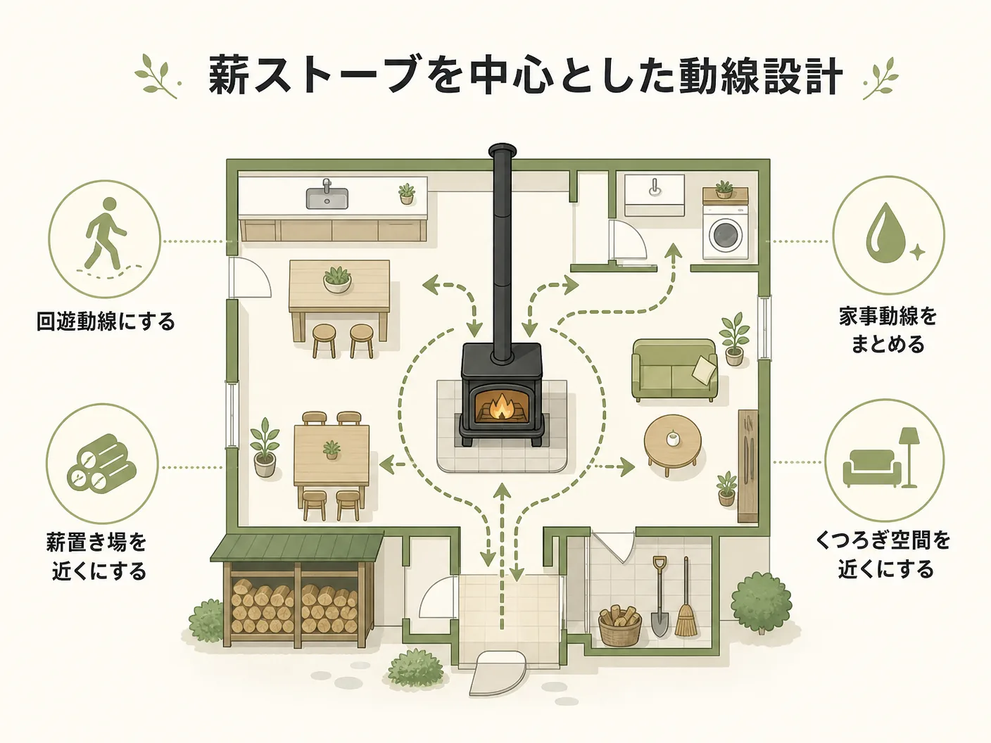 平屋 間取りの薪ストーブを中心にした動線設計のコツを表す図解イラスト
