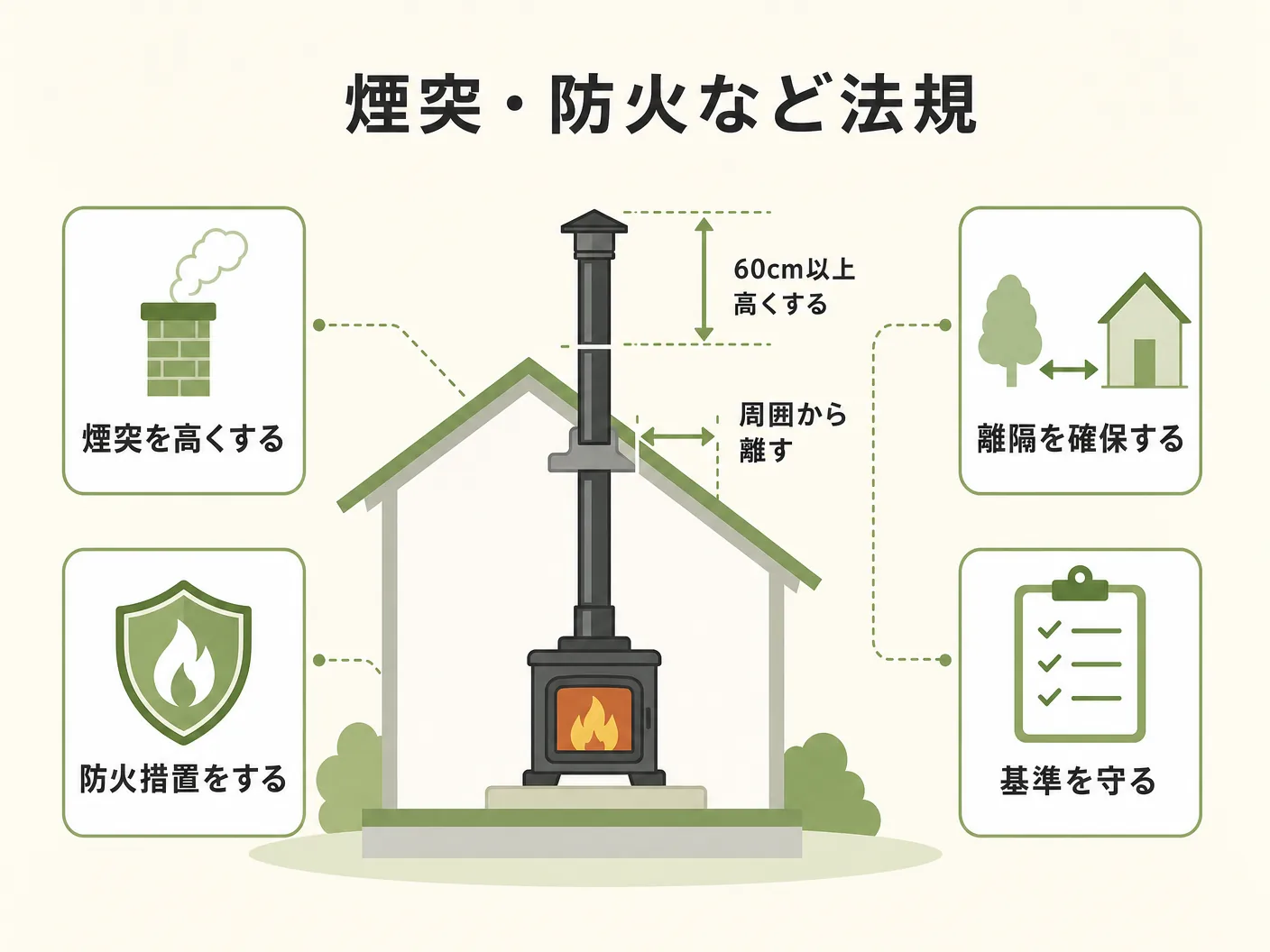 平屋 薪ストーブ 間取りの煙突・防火など法規・設置基準のポイントを表す図解イラスト
