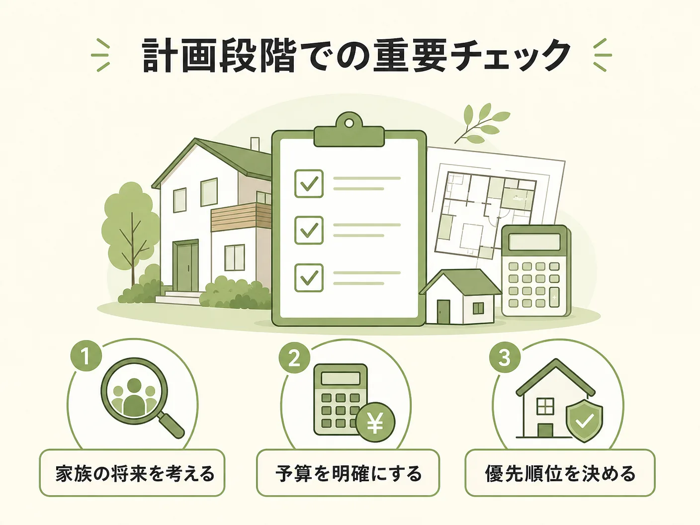 平屋 薪ストーブ 間取りの計画段階で押さえないと後悔する3つのチェックリストを表す図解イラスト
