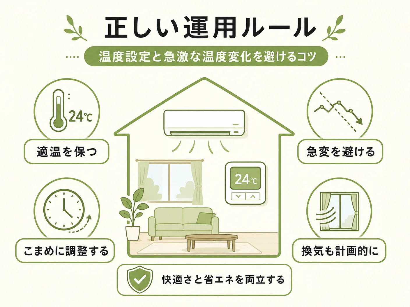 無垢材 床暖房 使えるの正しい運用ルール：温度設定と急激な温度変化を避けるコツを表す図解イラスト