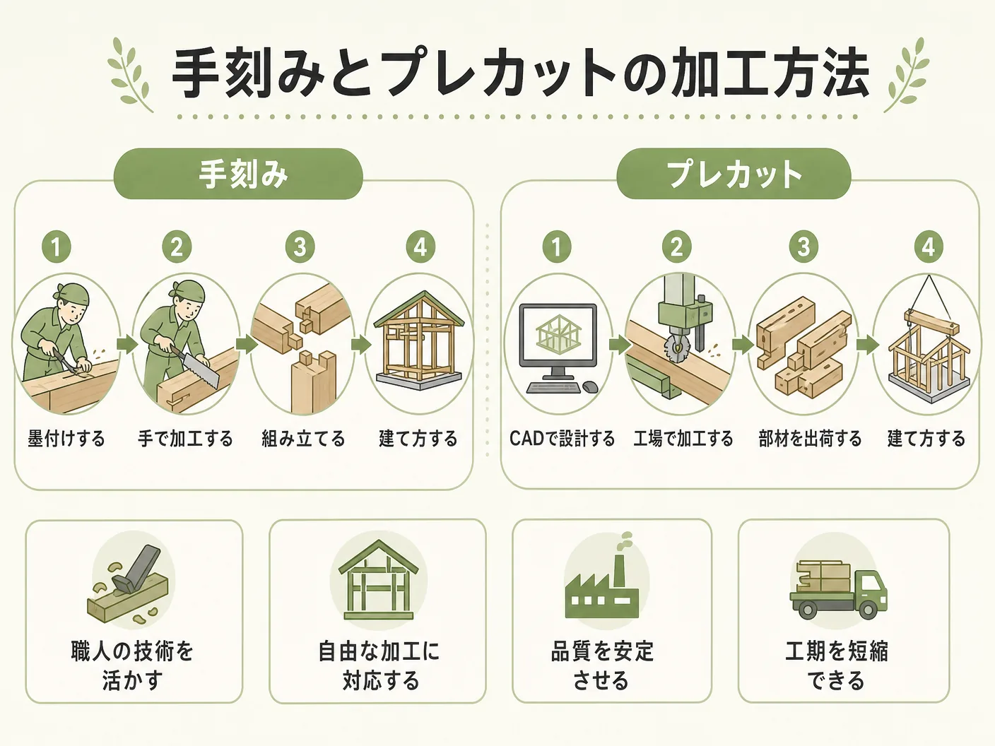 手刻みとプレカットの加工方法・工程の違いを表す図解イラスト
