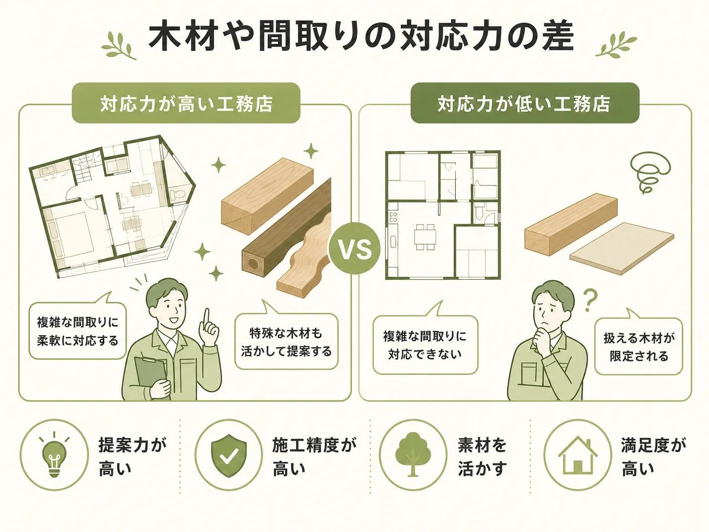 手刻み プレカット 違いの複雑な間取りや特殊な木材への対応力の差を表す図解イラスト