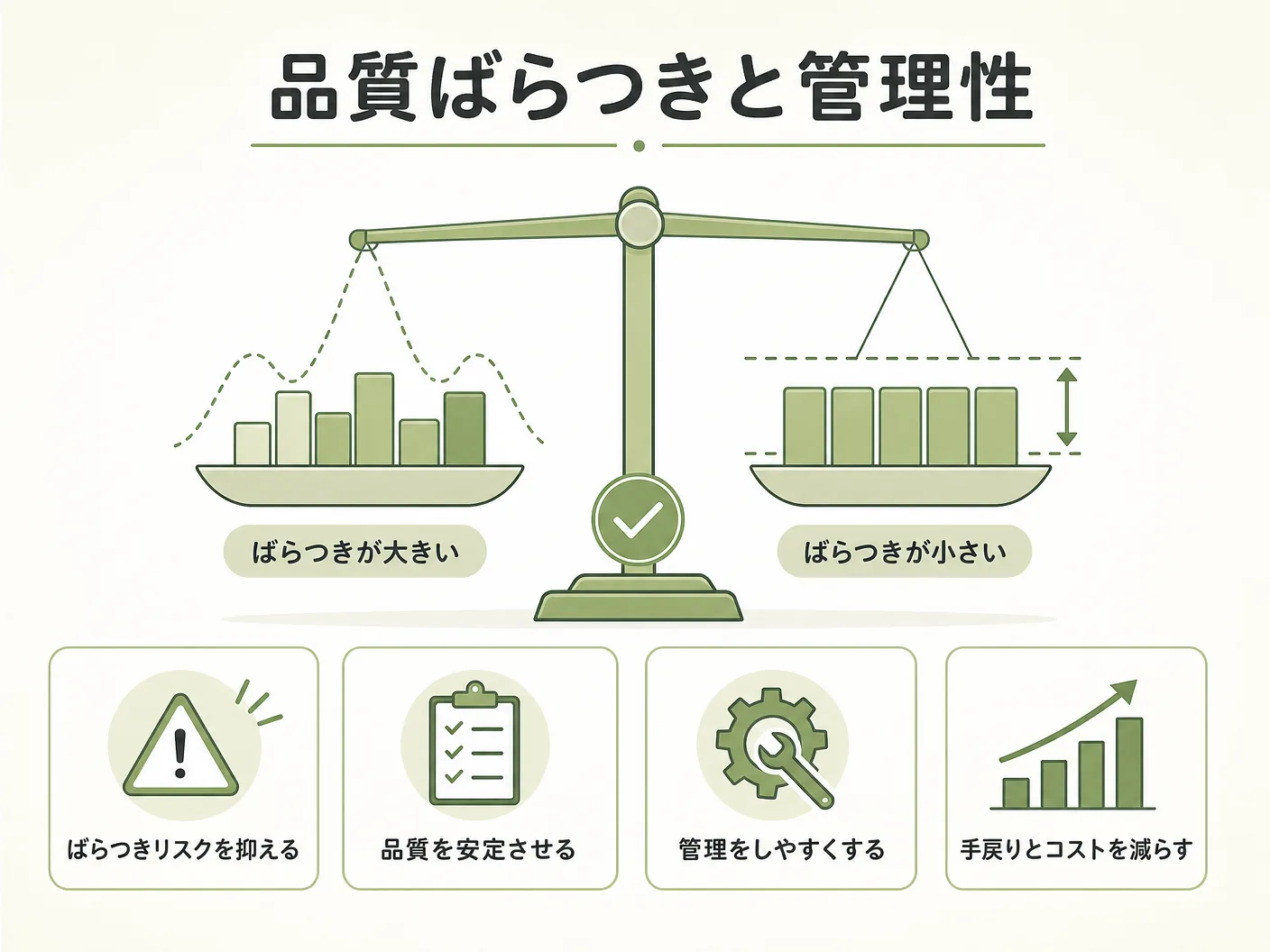 手刻み プレカット 違いの品質のばらつきリスクと管理のしやすさを表す図解イラスト