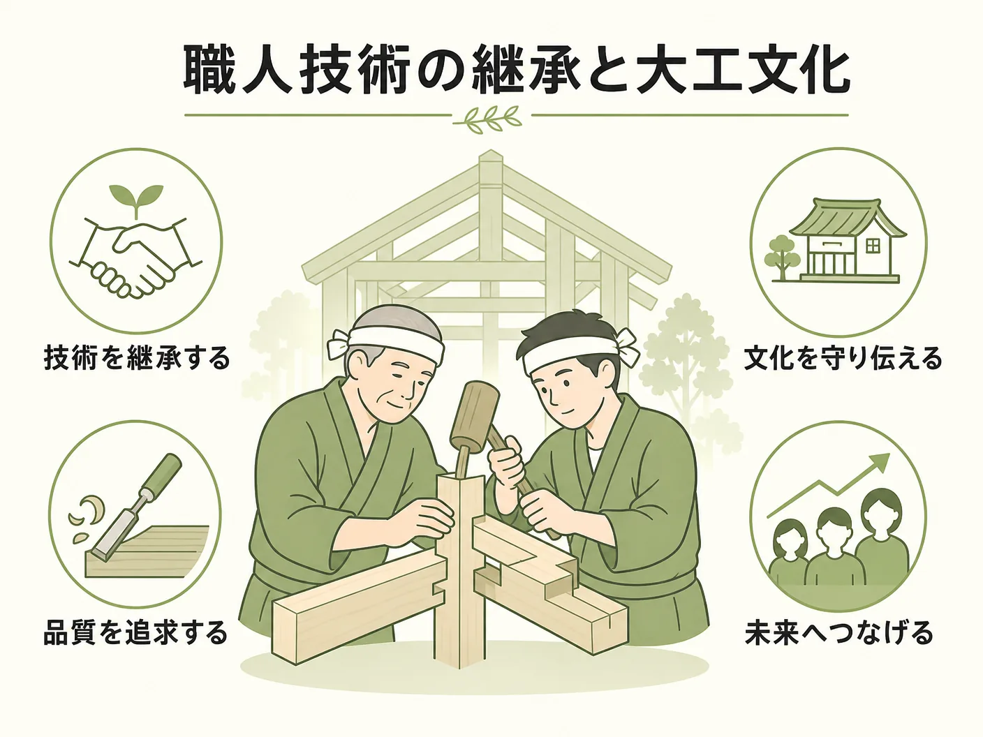 手刻み プレカット 違いの職人の技術継承と大工文化への影響を表す図解イラスト
