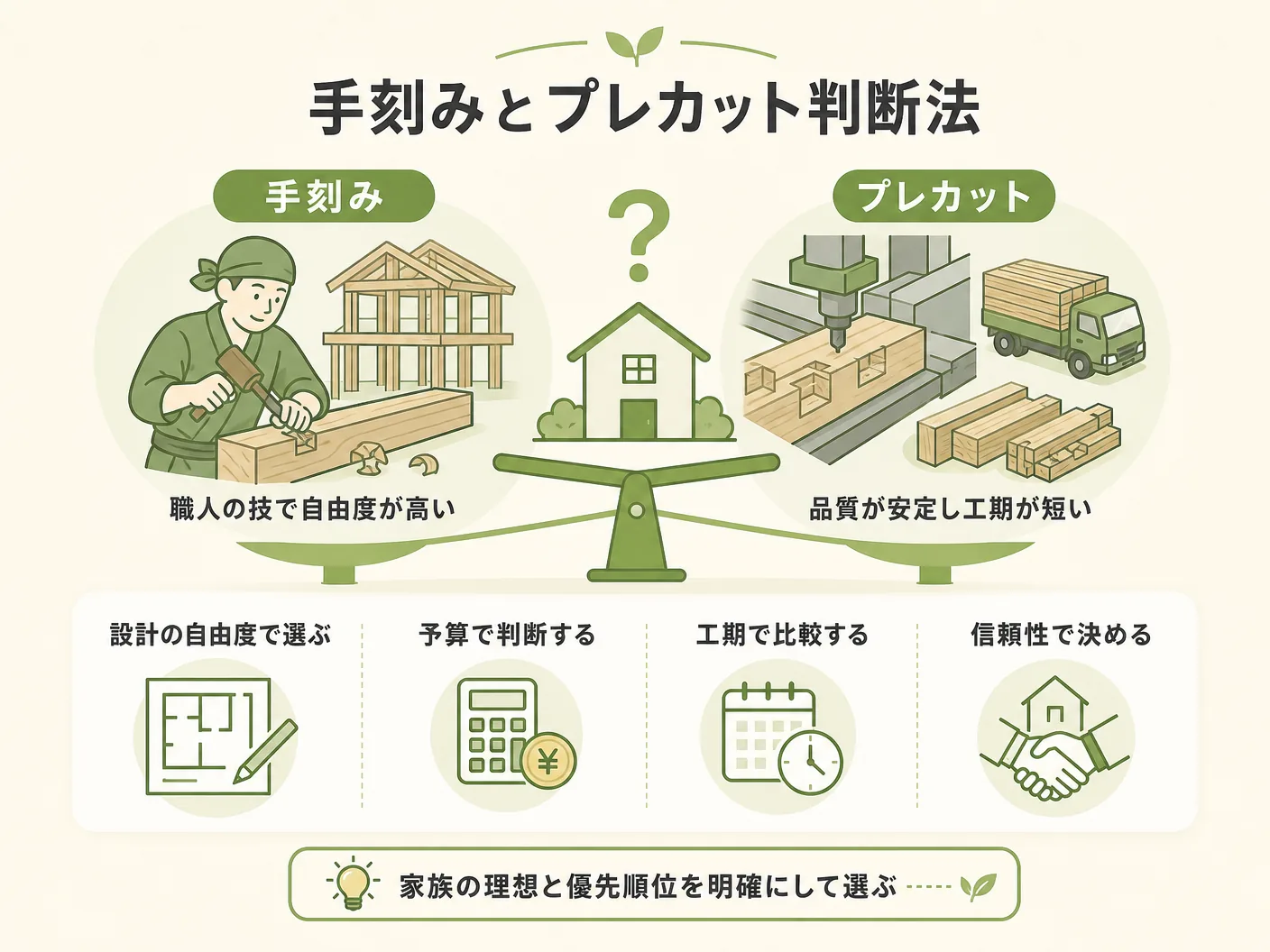 違いの工務店選びで「手刻みかプレカットか」をどう判断するかを表す図解イラスト