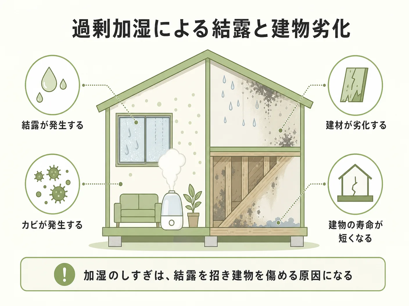冬 暖房費 節約の加湿しすぎると起きる結露リスクと建物へのダメージを表す図解イラスト