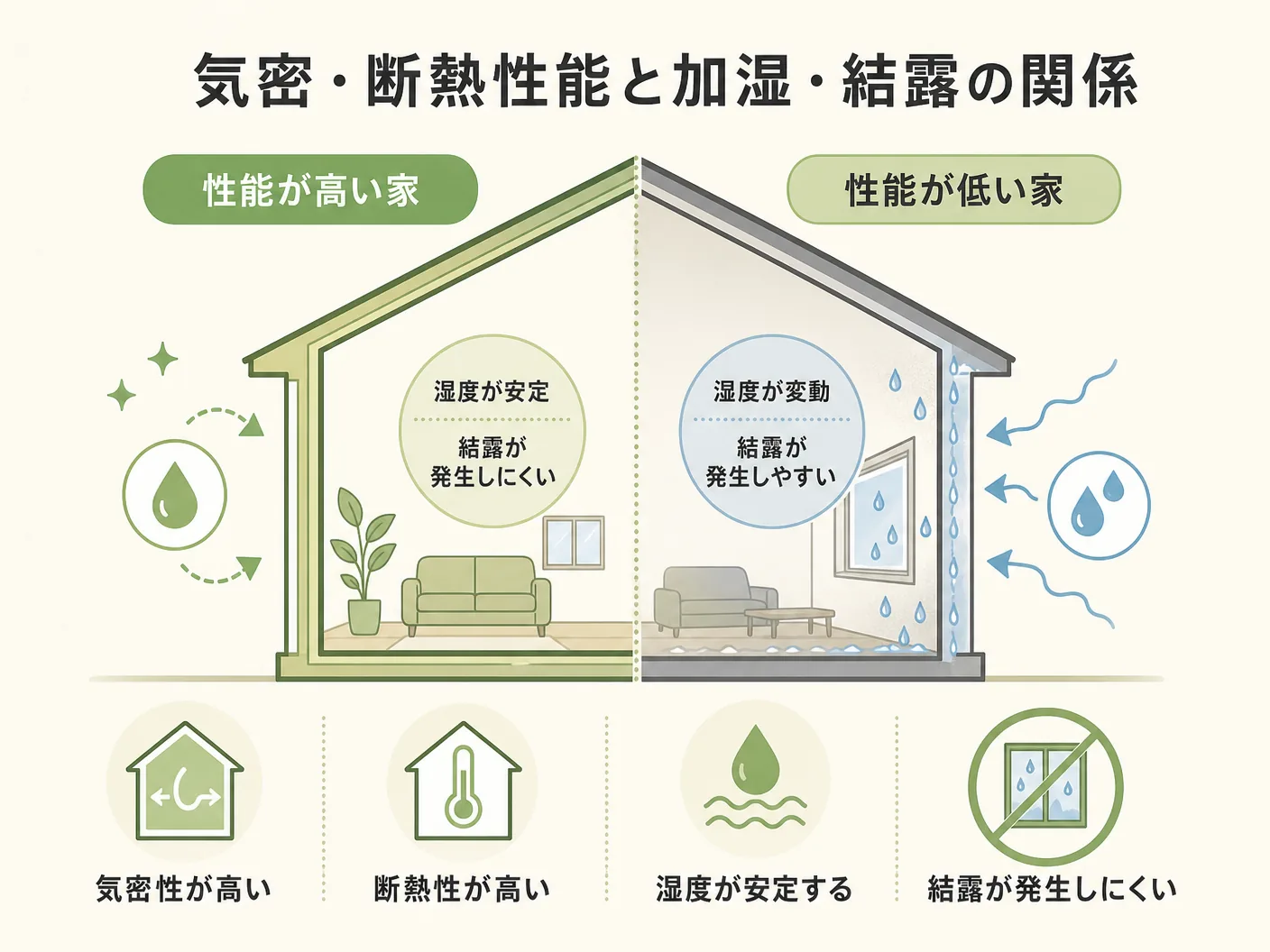 冬 暖房費 節約の気密・断熱性能によって加湿効果と結露リスクは変わるを表す図解イラスト