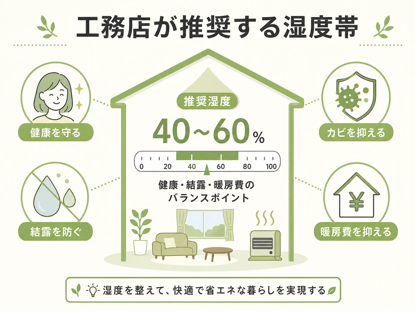 冬 加湿 節約の工務店が推奨する湿度帯――健康・結露・暖房費のバランスポイントを表す図解イラスト